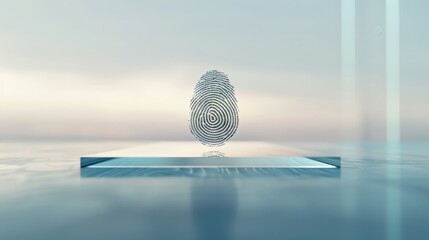 Digital fingerprint on glass surface in soft blue light. Concept of security and identification in technology.