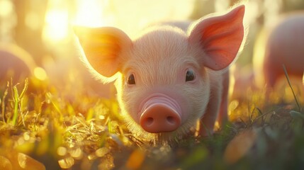 A close-up of a tiny piglet's snout as it investigates a patch of grass, with its ears perked up and the sun shining down on the farm.