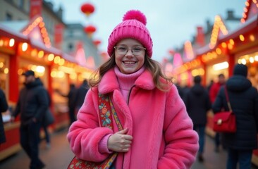 Obraz premium woman, girl in pink fur coat at New Year's fair, smiling, looking at camera