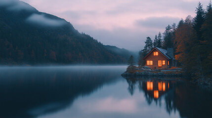 Fototapeta premium A cozy stone cottage by a serene lake at sunrise