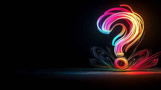 Bold glowing question mark symbol in vibrant colors, suspended in a futuristic, abstract space