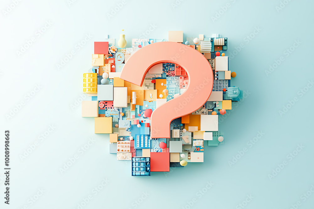 Poster bold question mark symbol composed of colorful blocks, set against a sleek minimal background