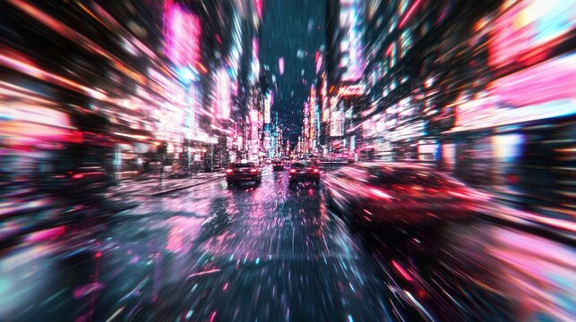Dynamic blurred motion glitch effect of urban street with neon lights and traffic at night. Fast-paced city life concept - Powered by Adobe