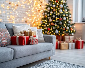 Cozy living room decorated for Christmas with gifts near a beautifully lit tree.