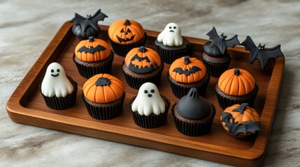 A collection of spooky Halloween cupcake muffins arranged on a wooden tray, each decorated with fondant bats, ghosts, and pumpkins.