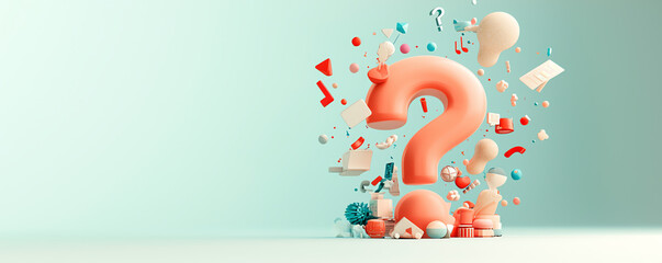 Minimalist question mark symbol made of simple geometric shapes, floating on a plain light background