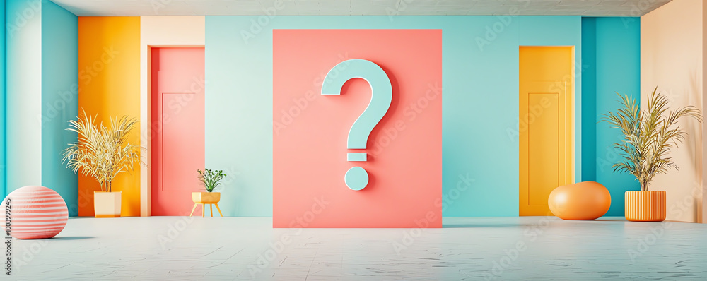 Poster abstract bold question mark symbol in highcontrast colors, floating in a minimal futuristic space