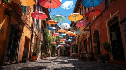 A colorful array of open umbrellas hanging from strings in the air, creating a canopy over a cobblestone street in a European town.