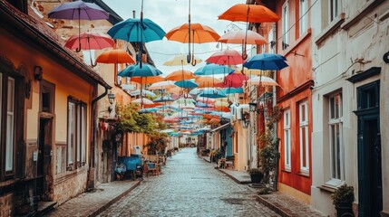 A colorful array of open umbrellas hanging from strings in the air, creating a canopy over a cobblestone street in a European town.