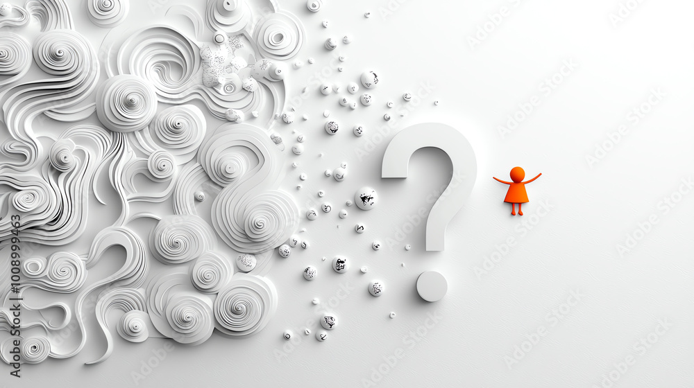 Poster minimal question mark symbol made of smooth curves, floating on a blank monochrome background