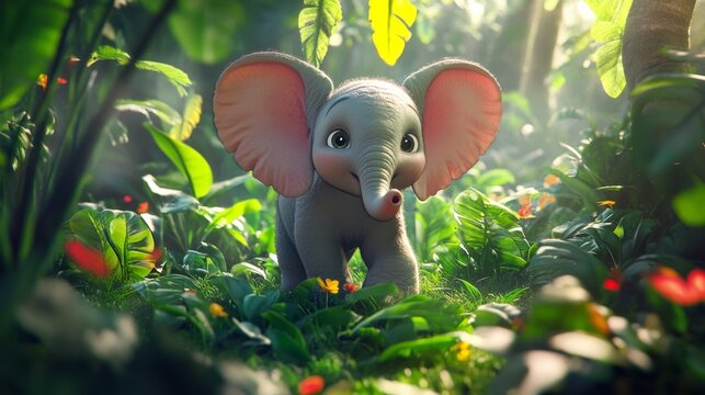 Fototapeta A cute little baby elephant with big ears and wide eyes exploring a lush and colorful forest with joy and excitement, beautiful scenic view, professional animal photography