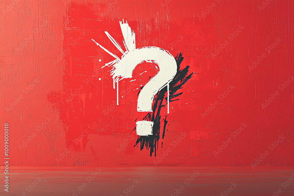 Poster bold, handdrawn question mark symbol with a rough texture, floating on a highcontrast background