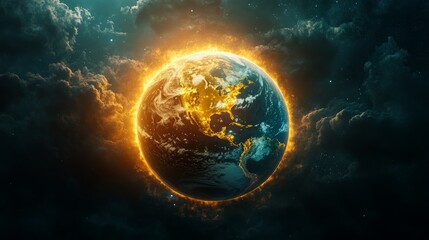 A fiery globe engulfed in flames with dark clouds in the background, representing the destruction of the planet.