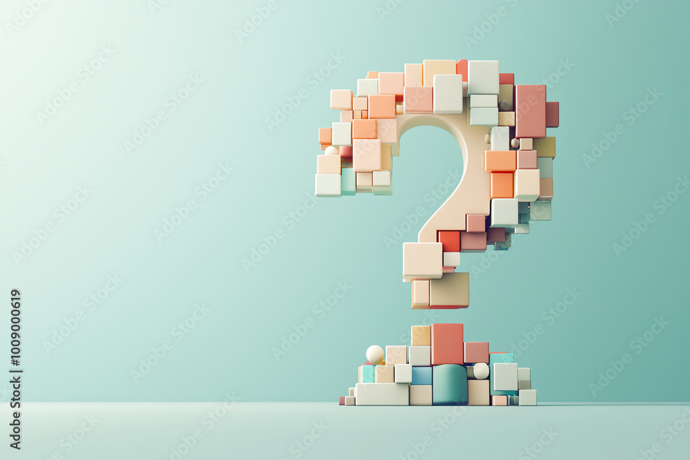 Poster bold question mark symbol composed of colorful blocks, set against a sleek minimal background