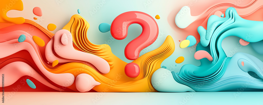 Poster artistic bold question mark symbol made of flowing shapes, set against a smooth abstract backdrop