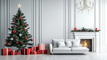 Cozy living room with Christmas tree, gifts, and elegant decor, perfect holiday setting.