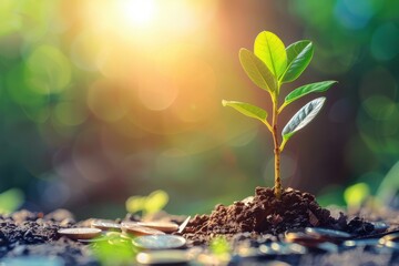 Plant Growing from a Pile of Coins Symbolizing Wealth and Prosperity
