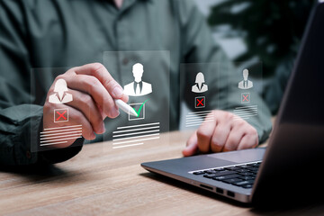 Human resource selection Recruitment concept, Businessman select and approve new employees to the...