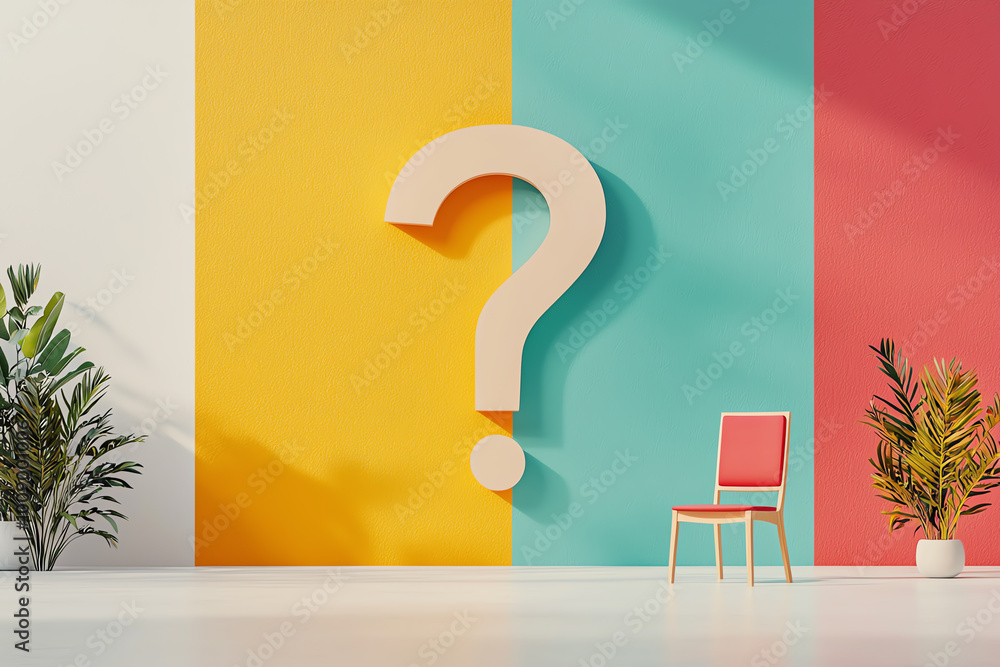 Poster geometric bold question mark symbol with sharp lines, standing out on a bright, highcontrast backgro