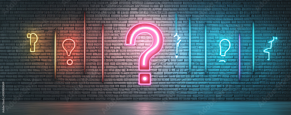 Poster abstract bold question mark symbol in highcontrast colors, floating in a minimal futuristic space