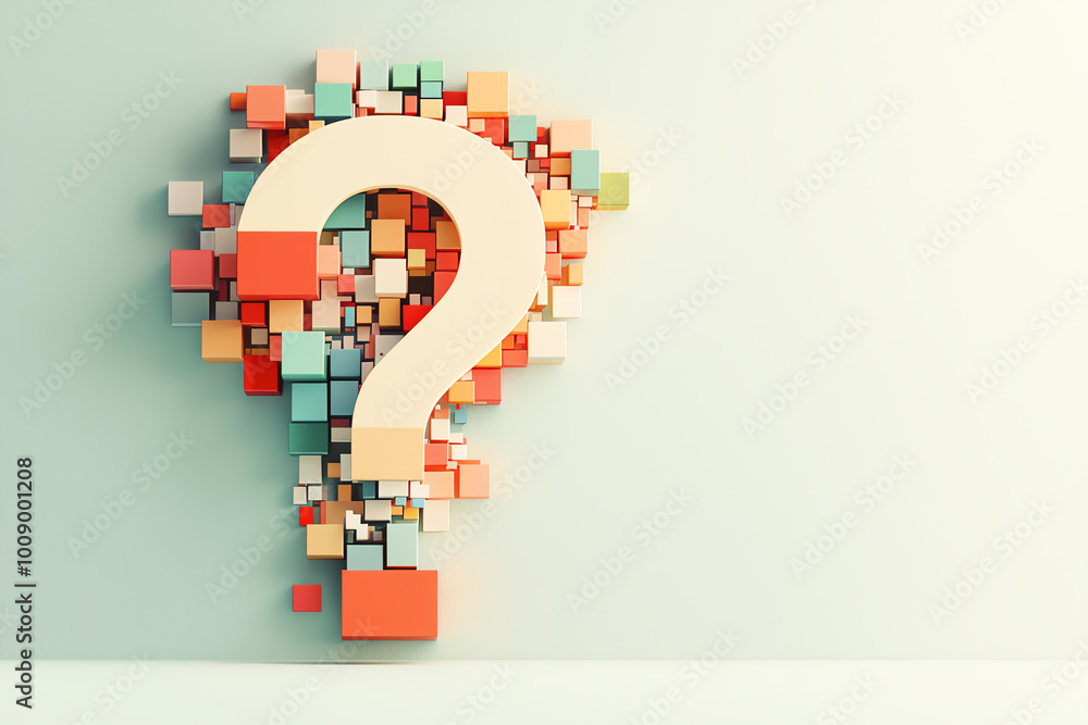 Poster bold question mark symbol composed of colorful blocks, set against a sleek minimal background
