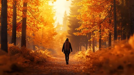 Solitary walk through a vibrant autumn forest