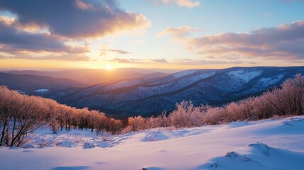 Snowy mountain sunset