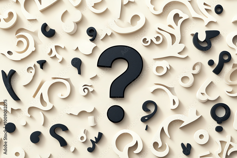 Poster clean minimal question mark symbol in black, centered on a smooth neutral background, soft shadows