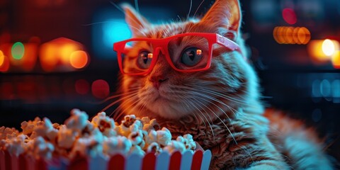 Naklejka premium The cat sits watching a movie in the apartment and eating popcorn