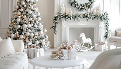 Elegant Christmas living room with tree, gifts, and festive decorations.