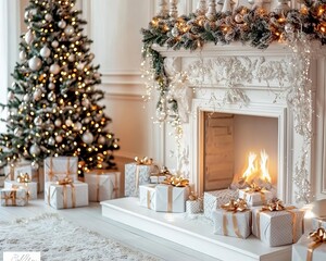 Elegant Christmas living room with tree, gifts, and cozy fireplace ambiance.
