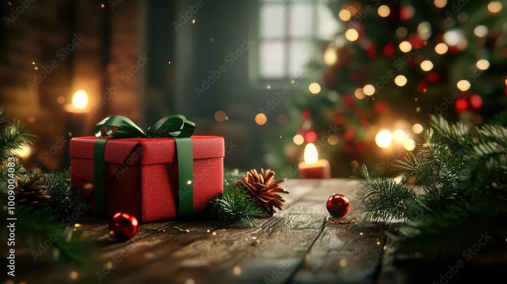 Wall mural festive christmas gift surrounded by holiday decorations