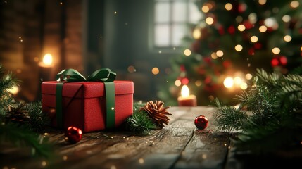 Festive Christmas gift surrounded by holiday decorations
