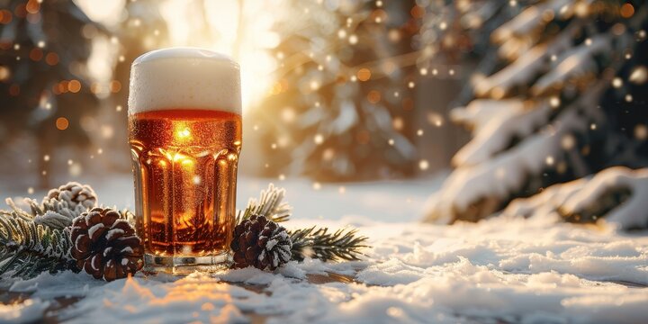 Glass of beer on christmas winter background with copyspace