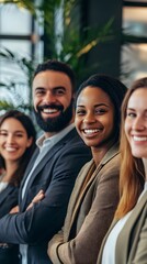 A group of four smiling young people in business attire are sitting at an office desk, working on laptops and looking happy with each other