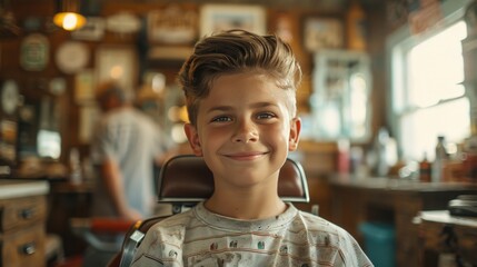Happy boy in a vintage barber shop during haircut