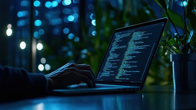 Nighttime coding session with illuminated laptop screen