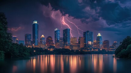 Lightning Strikes Over Austin Skyline Reflected In Lake