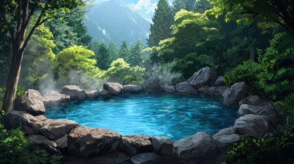 Serene hot spring nestled in a lush mountain landscape