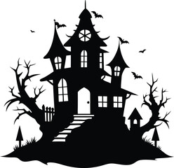 Halloween hunted house silhouette vector art illustration design