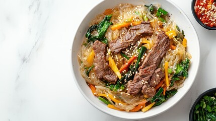 Top view of Korean japchae noodles with beef and vegetables, space for copy