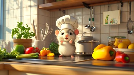 3d render of a cute little mouse wearing a chef's hat inside a kitchen filled with utensils and fresh goods, fantasy, movie inspired photography