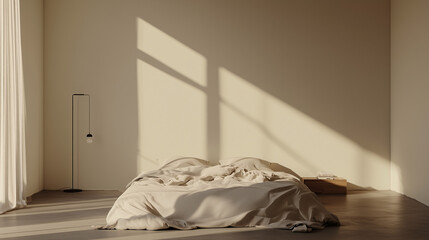 Serene minimalist bedroom with a floor lamp casting soft light over neutral bedding and a modern bed frame. Simple decor and empty walls create a calming, open atmosphere