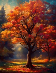 Painting by oil paint Vintage Fall Floral paint Dark Autumn Flower Painting Moody Botanical Fall Decor beautiful tree in the garden