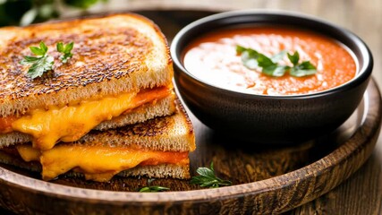 A delicious grilled cheese sandwich served with a bowl of tomato soup. - Powered by Adobe