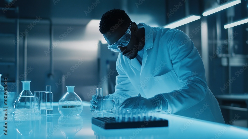 Poster a scientist in a lab coat working with chemical solutions and test tubes
