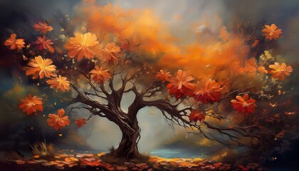 Painting by oil paint Vintage Fall Floral paint Dark Autumn Flower Painting Moody Botanical Fall Decor beautiful tree in the garden