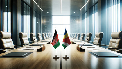 A modern conference room with Afghanistan and Seychelles flags on a long table, symbolizing a bilateral meeting or diplomatic discussions between the two nations.