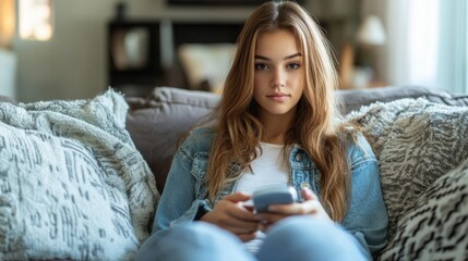 A young woman calmly testing her blood sugar levels at home, seated on her sofa with her glucometer in hand, showing a relaxed approach to diabetes care.