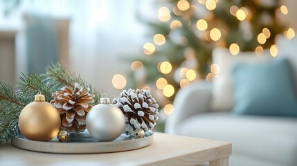 Festive decorations with ornaments and pinecones on a table, cozy Christmas setting.